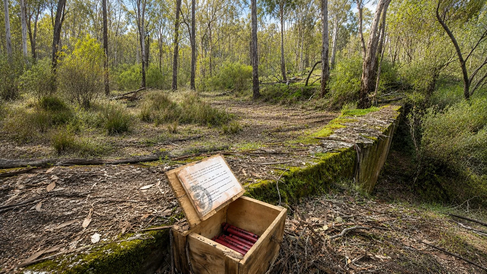 Box of dynamite sticks found against a moss-covered stone wall